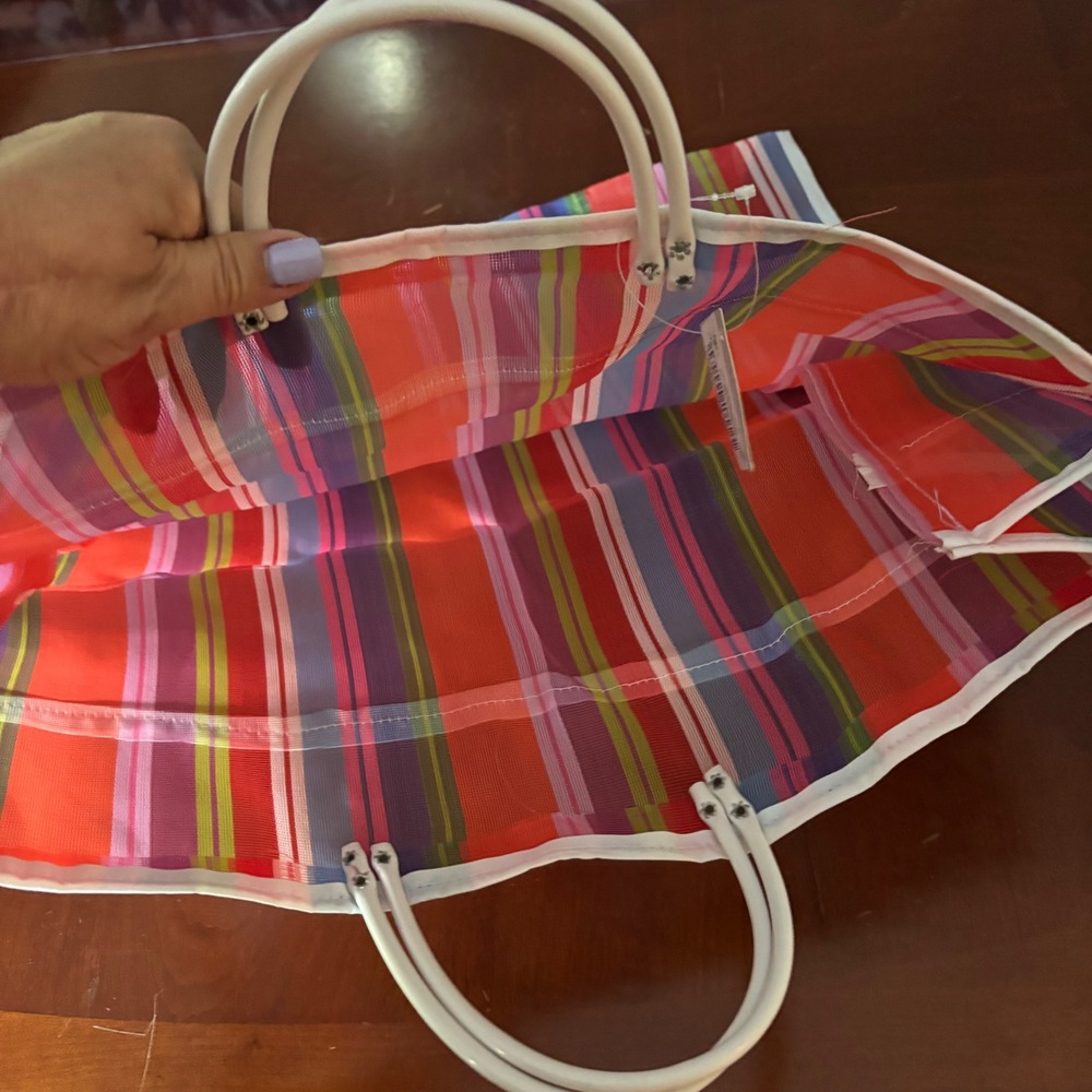 Market Bag | Tote | Rainbow Plaid Mesh | Lg Multicolor Checkered Grocery Beach - Picture 6 of 6